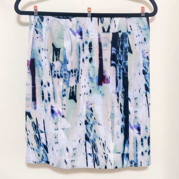 Kenar Pencil Straight Skirt Watercolor Blue Size 4 Lined Abstract Print Stretch - Picture 2 of 3